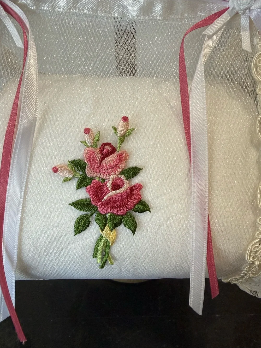 💐 Hand Crafted Hand Towel and Toilet Paper Holder Set w/Pink Rose Appliqué 💐